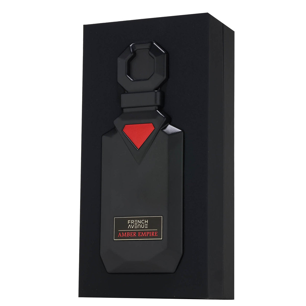 Amber Empire by French Avenue Black and red perfume bottle packaging with branding on a white background