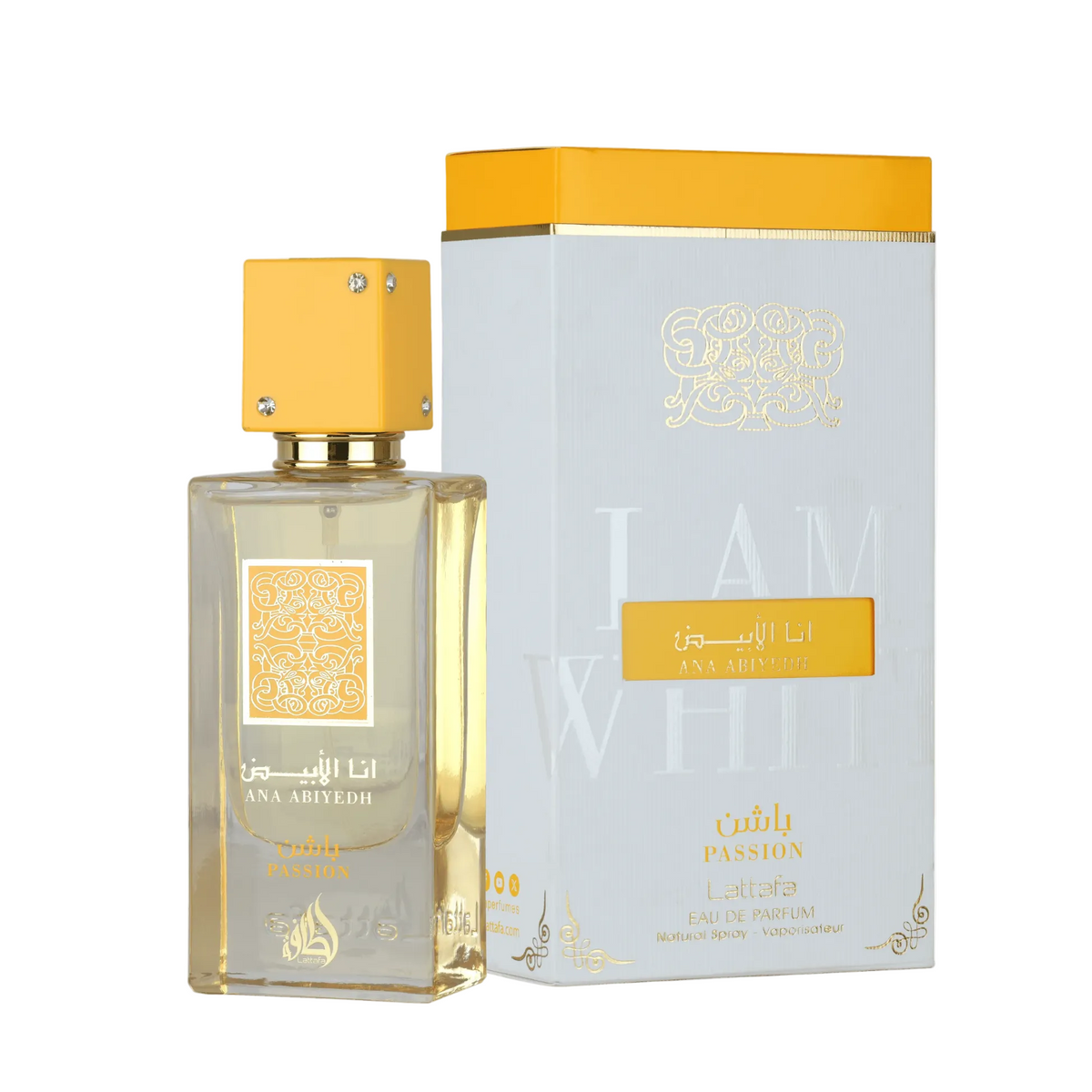 lattafa ana abiyedh passion Perfume bottle and packaging with yellow cap and clear bottle on a white background