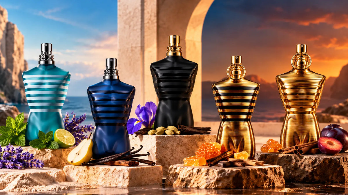Jean Paul Gaultier Le Male family bottles with their key notes: lavender, mint, pear, iris, honey and plum