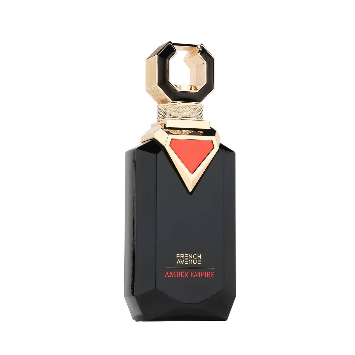 French Avenue Amber Empire Black perfume bottle with gold and red accents on a white background
