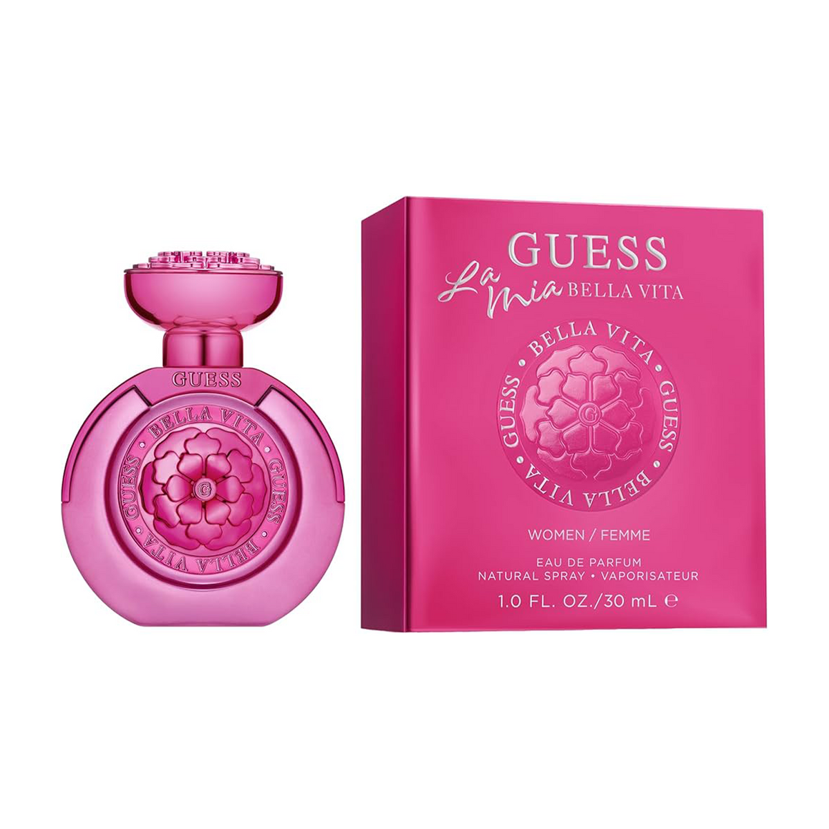 Pink Guess La Mia Bella Vita perfume bottle and packaging on a white background