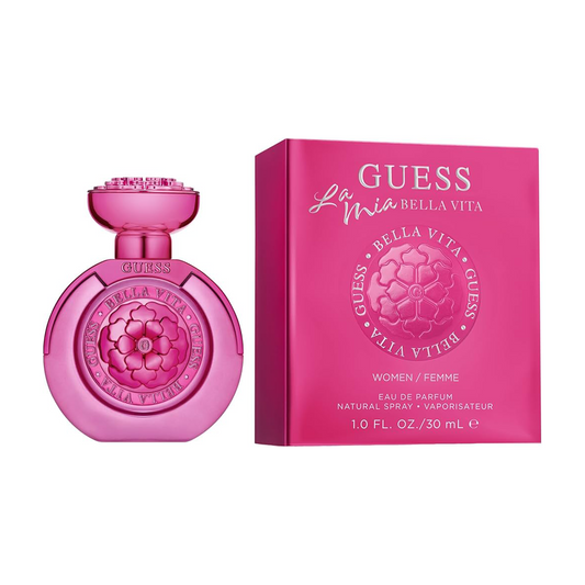 Pink Guess La Mia Bella Vita perfume bottle and packaging on a white background
