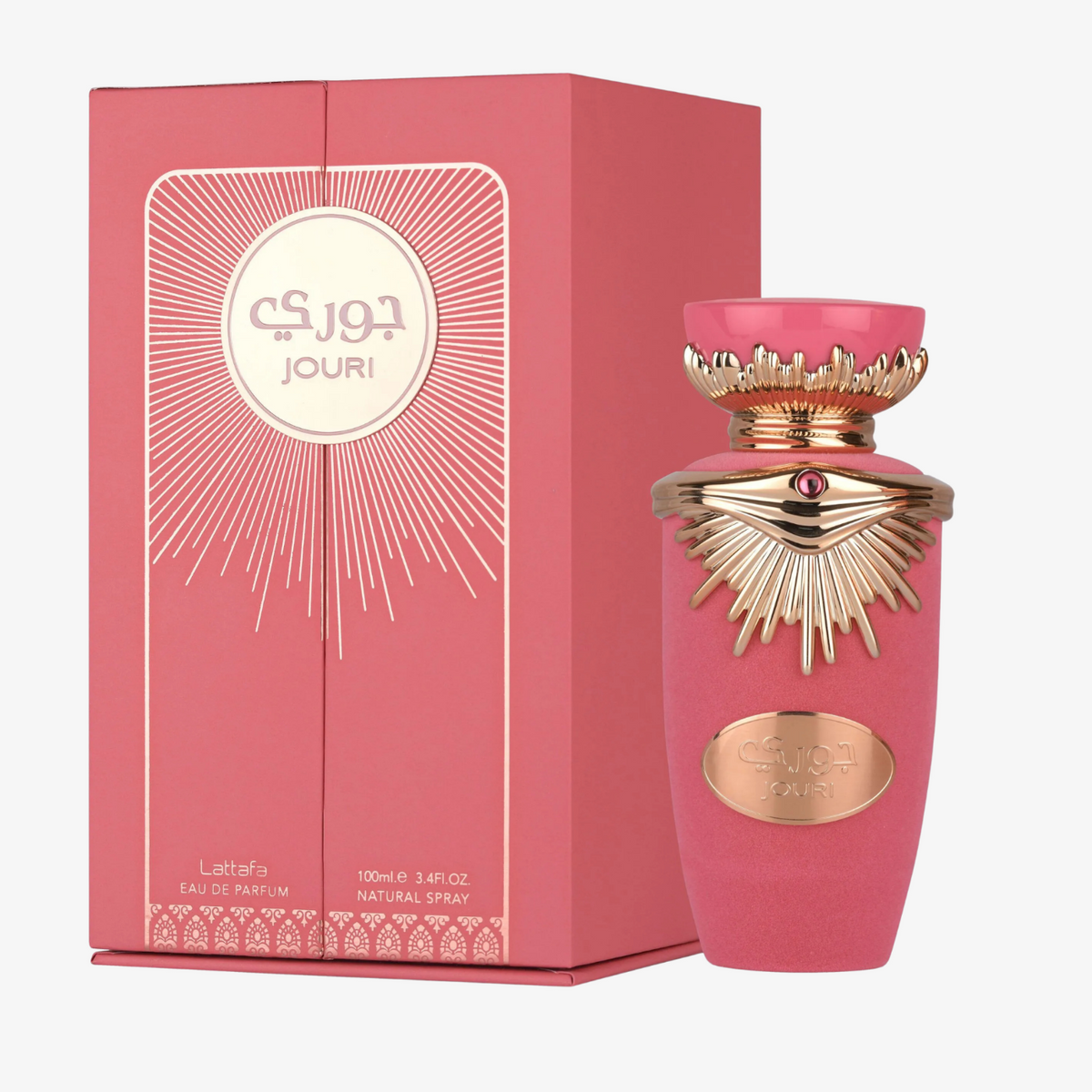 Lattafa Jouri edp perfume bottle and packaging on a white background