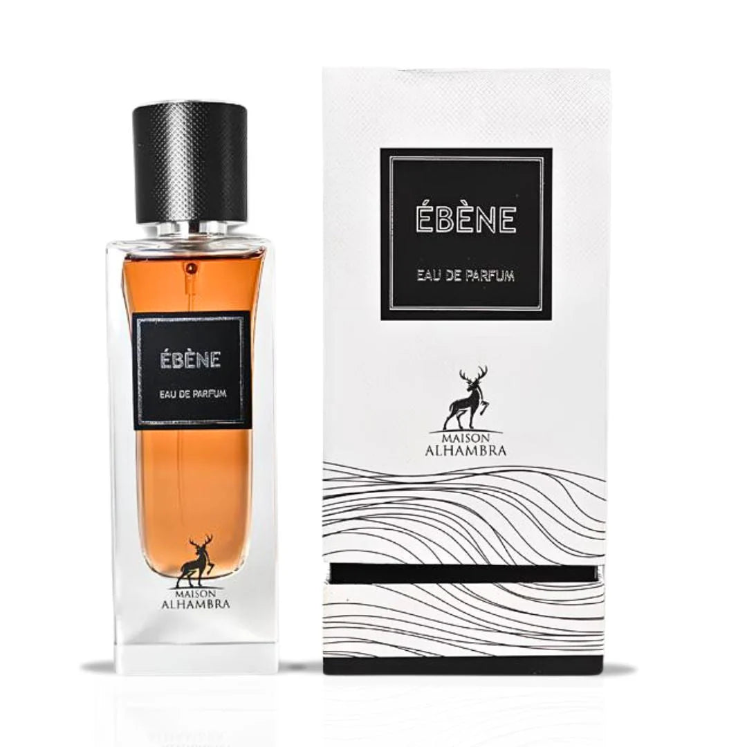 Maison Alhambra Ebene perfume bottle with packaging on a white background