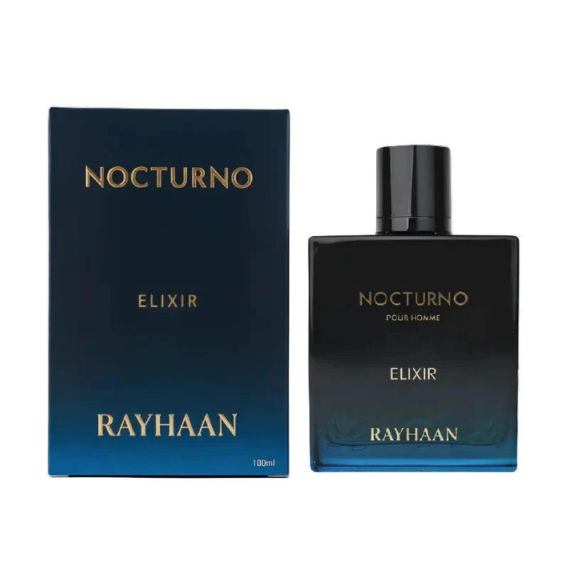 Rayhaan Nocturno Elixir perfume bottle and packaging on a white background