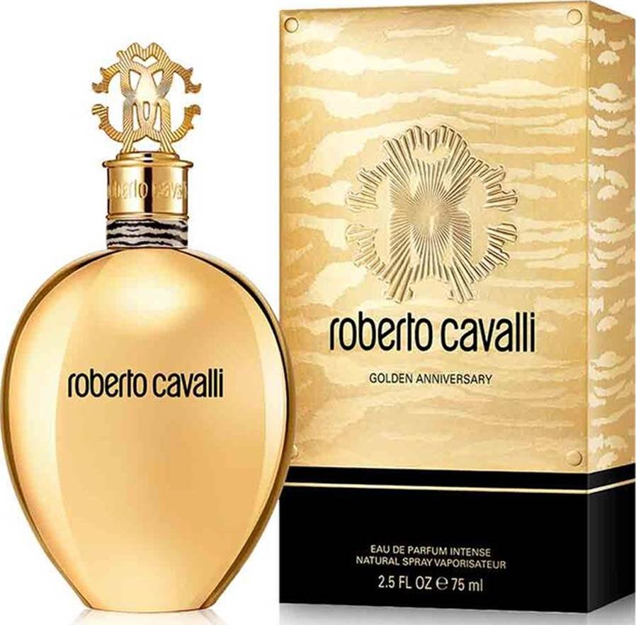 Roberto Cavalli perfume bottle and packaging on a white background
