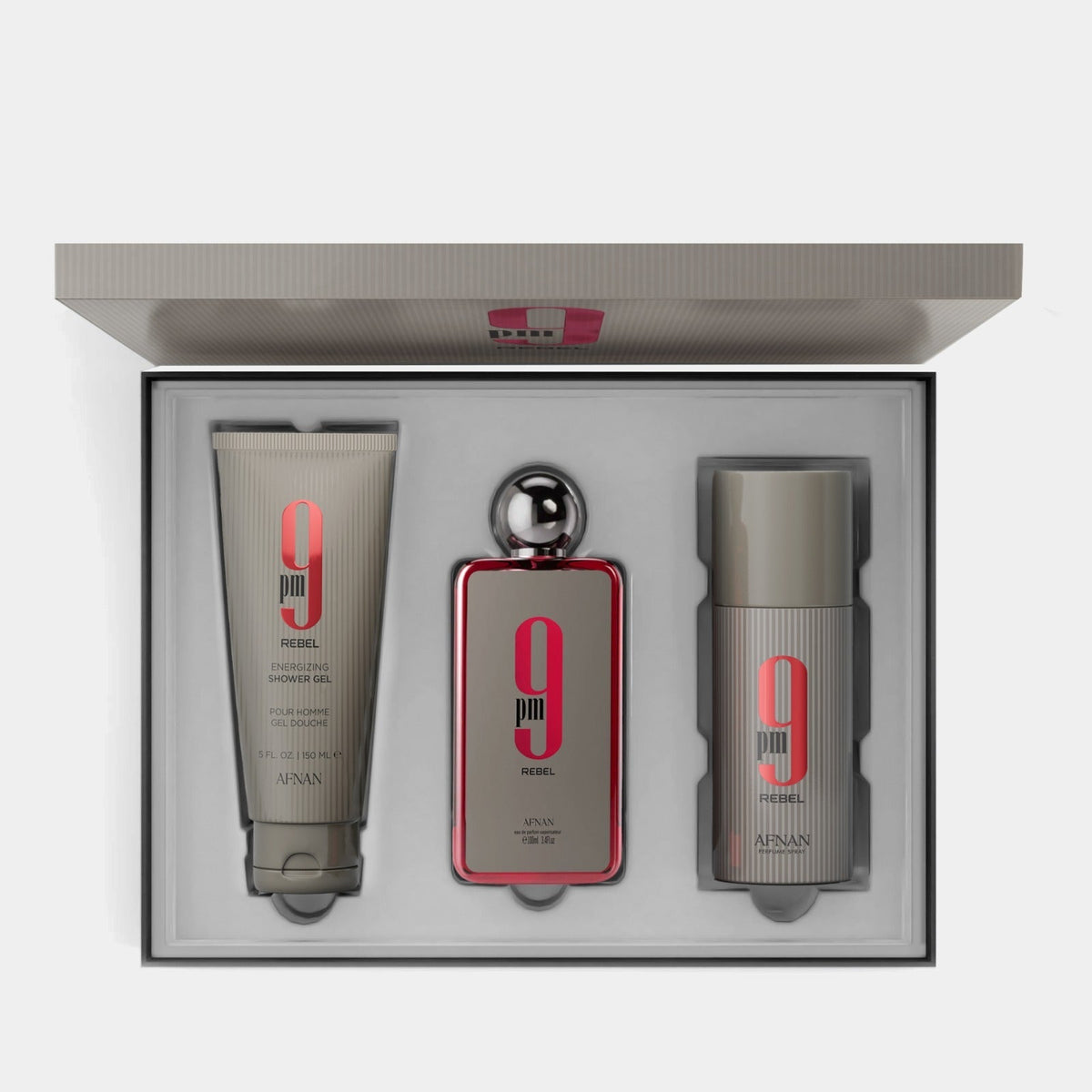 Afnan 9PM Rebel 3-piece gift set with Eau de Parfum, deodorant and shower gel