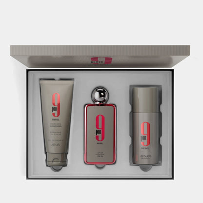 Afnan 9PM Rebel 3-piece gift set with Eau de Parfum, deodorant and shower gel