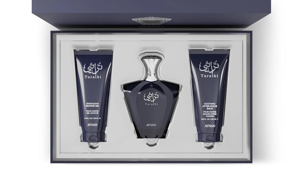 Afnan Turathi Blue 3-piece gift set with Eau de Parfum, shower gel and aftershave balm