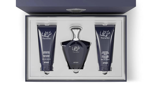 Afnan Turathi Blue 3-piece gift set with Eau de Parfum, shower gel and aftershave balm