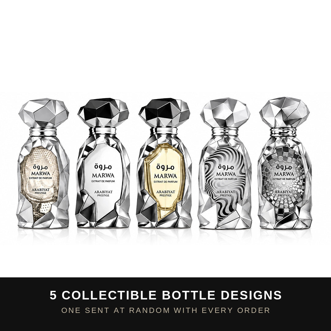 Arabiyat Prestige Marwa Extrait de Parfum bottles – five collectible designs, one sent at random per order