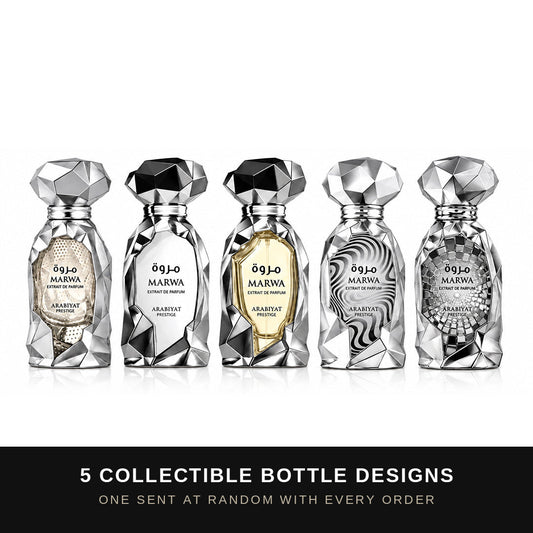 Arabiyat Prestige Marwa Extrait de Parfum bottles – five collectible designs, one sent at random per order