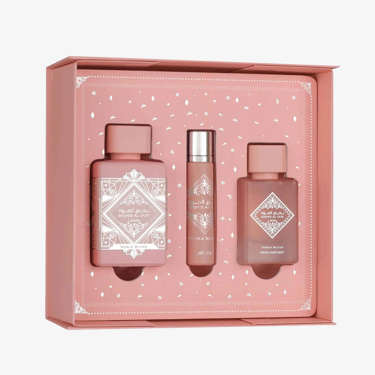 Lattafa Bade'e Al Oud Noble Blush Eau de Parfum 3-piece gift set