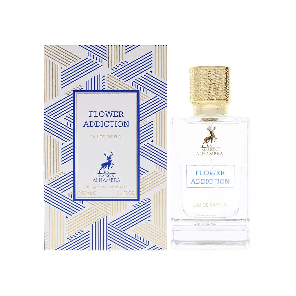 maison alhambra Flower Addiction perfume bottle and packaging on a white background