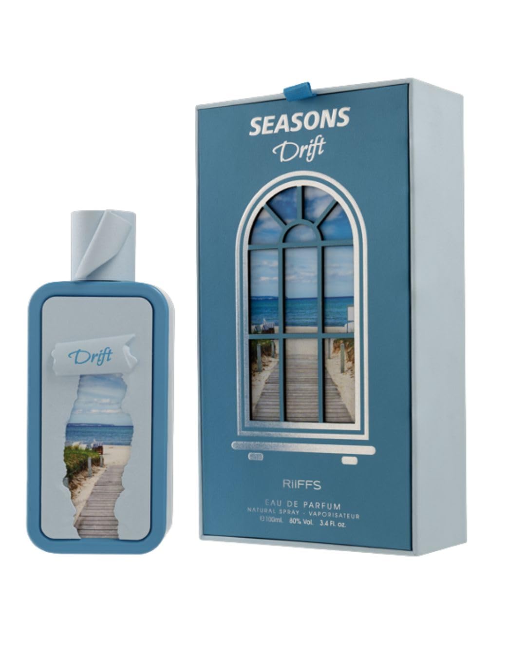 Riiffs Season Drift Eau de Parfum for women bottle sitting next to its elegant product packaging box on a crisp white background